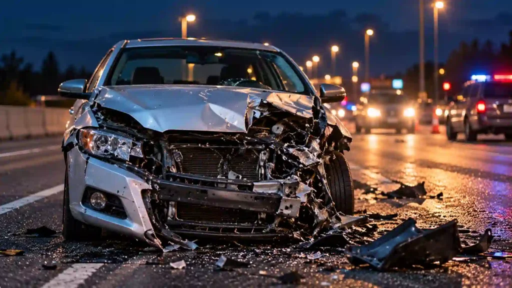 Auto con graves daños frontales tras un accidente de tránsito que puede provocar fracturas y lesiones óseas.