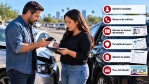 Conductores intercambiando datos personales y del seguro después de un accidente de auto.