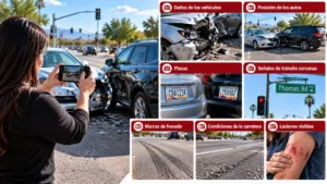 Mujer fotografiando daños y detalles importantes después de un accidente de auto.