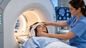 Persona sometida a una resonancia magnética cerebral para evaluar posibles lesiones cerebrales (conmociones) después de un accidente de auto.