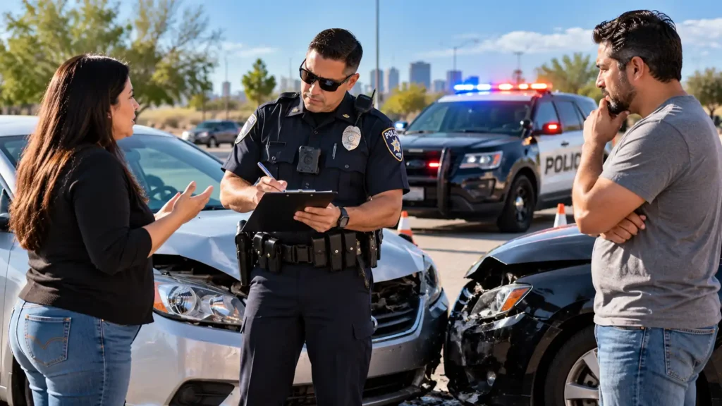 Imagen representando un Policía documentando un accidente de auto en Phoenix, Arizona, mientras toma declaraciones de los conductores involucrados para elaborar el reporte policial.